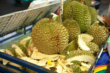 Bangkok,Thailand-December 7, 2018: Durians sold by street vendor at China Town, Yaowarat, at night in Bangkok
