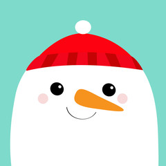 Snowman face head. Carrot nose, red hat. Merry Christmas. Cute cartoon funny kawaii character. Happy New Year. Blue winter background. Greeting card. Flat design.
