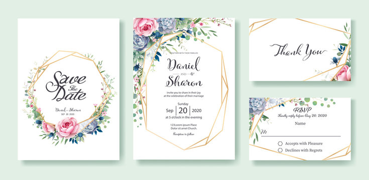 Wedding Invitation, save the date, thank you, RSVP card Design template. Queen of Sweden rose flower, leaves, succulent plant, Anemone plants. vector.