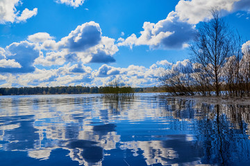 Sky and clouds reflection on Lake in a spring