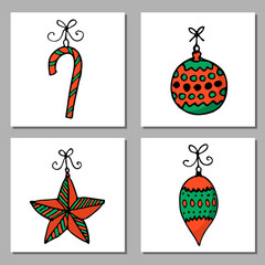 Doodle Christmas cards Set. Cute hand drawn design elements for you. Merry Christmas and New Year symbols. Vector illustration