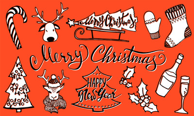 Doodle Christmas decor Set and lettering. Cute hand drawn elements for festive design. Merry Christmas and New Year items, symbols. Vector illustration