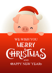 Fototapeta na wymiar Cute pig in Santa hat stands behind red signboard advertisement banner with text Merry Christmas and Happy New Year