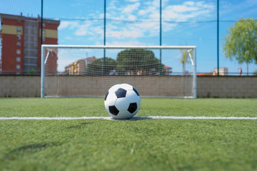 Soccer ball on grassy field against net