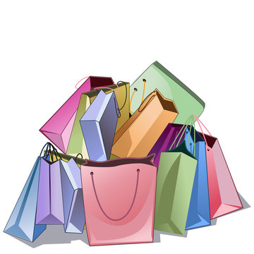 Bunch Of Shop Packs. Colored Pile Of Paper Shop Bags Over White Background.