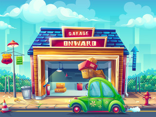 Vector cartoon illustration garage with the vehicle