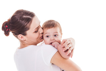 Mother holding her child on a white background