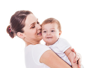 Adorable mother and baby on a white background