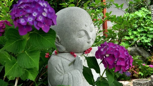 Jizo, Buddhist statue with hydrangeas in Japan