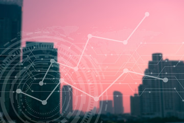 Blur capital town many buildings in city with transportation system double exposure graph and technology icon