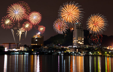 Fototapeta premium Colorful of fireworks in Happy New Year 2019 holiday festival