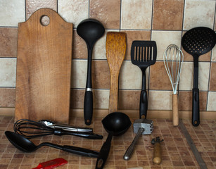 a different kitchen utensils on the table