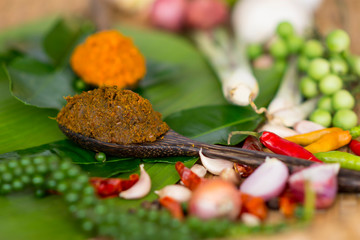 Food on rustic wooden background. Spices ingredients chilli ,pepper, garlic,lemongrass and kaffir lime leaves,Spices made from a variety of spices in Thai style.