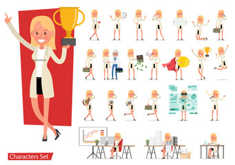 Set of businesswoman worker character vector design. Presentation in various action with emotions, running, standing, walking and working.