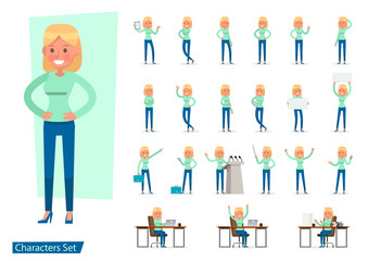 Set of office woman worker character vector design. Presentation in various action with emotions, running, standing, walking and working. no9
