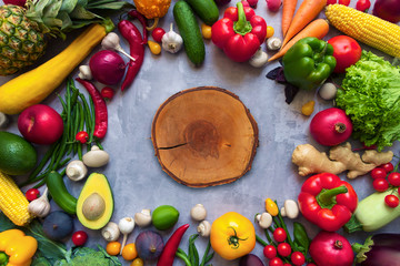 Circle of healthy colorful spicy flavoured seasoning with fresh summer organic antioxidant fruits and vegetables for vegan or vegetarian recipes isolated on grey background. Healthy lifestyle concept