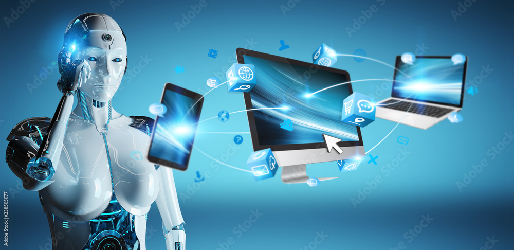 Poster white cyborg connecting devices together 3d rendering