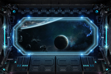 Naklejka premium Dark spaceship interior with large window view 3D rendering