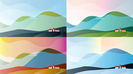 Minimalistic landscape with high hills and houses under their slopes. Vector illustration.