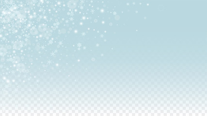Christmas  Vector Background with White Falling Snowflakes Isolated on Transparent Background. Realistic Snow Sparkle Pattern. Snowfall Overlay Print. Winter Sky. Design for Party Invitation.