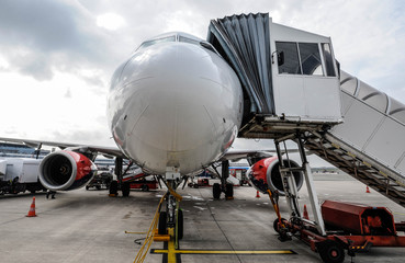 Passenger jet standing on tarmac preparing for departure