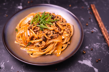 Fettuccine stir fry with Chinese sichuan pepper sauce with mince pork, mushroom and onion, Classic Chinese Italian Food Fusion Dishes
