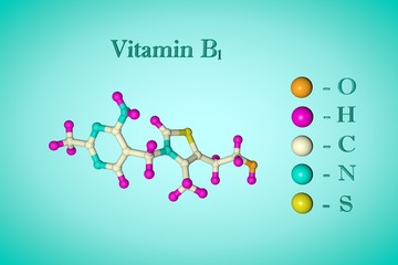 Molecular model of vitamin B1.  Atoms are represented as spheres and sticks with color coding: oxygen (orange), hydrogen (pink), carbon (white), nitrogen (blue), sulfur (yellow). 3d illustration 