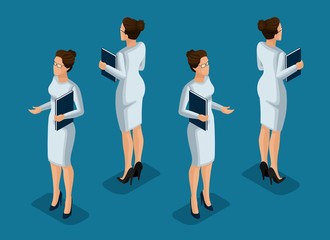 Fototapeta na wymiar Isometry is a business woman. 3d girl office worker, in a business gray dress front view and rear view. Human icon for vector illustrations