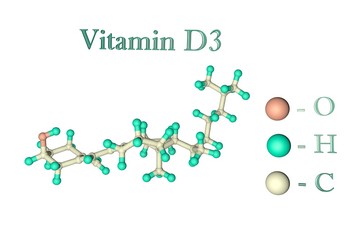 Molecular model of vitamin D3, cholecalciferol. Scientific background. 3d illustration