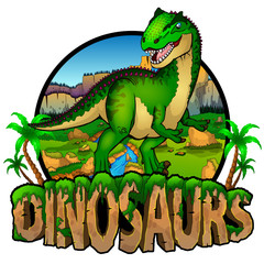 Logo  Dinosaurs World with Allosaurus. Vector illustration.