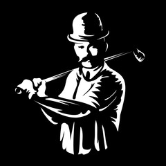 Golf player logo stamp or golfer man figure silhouette retro vintage emblem in old engraving vector art style white illustration isolated on black background Great for sport club sign or tshirt design