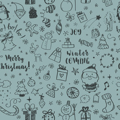 Seamless Doodles Christmas Pattern. Cartoon boundless background. Christmas tree and baubles, Santa sock, hat and beard, mistletoe, gifts, candy canes, snowman, swirls, gingerbread man, deer.