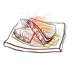 Contour illustration of a Japanese food with rice and salmon on plate with pink watercolor splashes. Vector illustration for menu, colors, recipes and your creativity