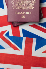 United Kingdom passport with Union Jack Great Britain flag