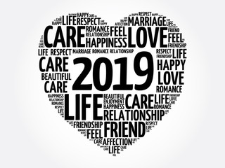 Obraz premium 2019 Love and Happy concept, heart word cloud collage background