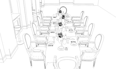 restaurant, 3D illustration, sketch, outline