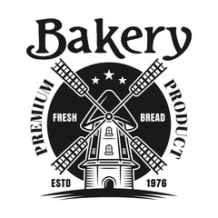 Bakery retro vector badge or emblem with windmill