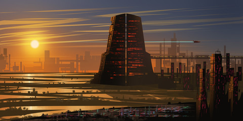Future City. Fiction Backdrop. Concept Art. Realistic Illustration. Video Game Digital CG Artwork. Nature Scenery.   © info@nextmars.com