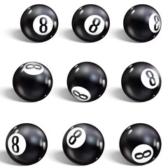 Eight Ball. Set of realistic 8 ball. Isolated on a white background. Vector illustration billiards.