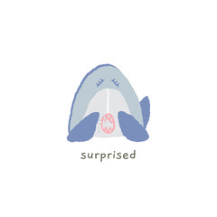 Funny shark smile is surprised. Hand drawn vector emoji.