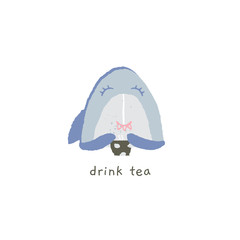 Vector hand drawn emoji. Cute shark smile with a cup of tea.