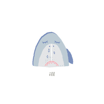 Vector hand drawn emoji. Sad and sick shark smile.