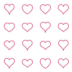 Simple red vector heart icons thin line collection