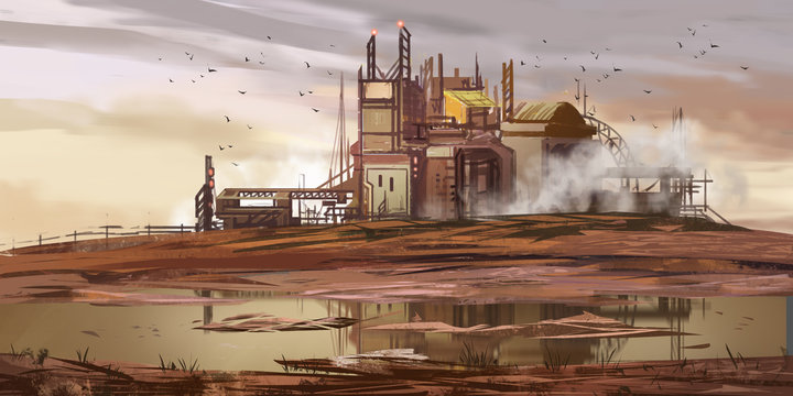 Abandoned Factory. Abandoned Mine Pit. Fiction Backdrop. Concept Art. Realistic Illustration. Video Game Digital CG Artwork. Nature Scenery.
