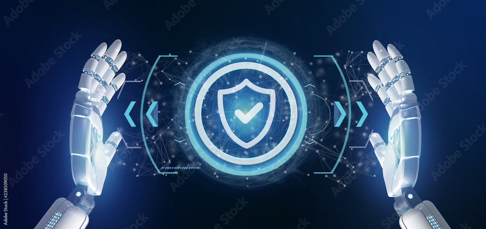 Poster cyborg hand holding a technology security icon on a circle 3d rendering