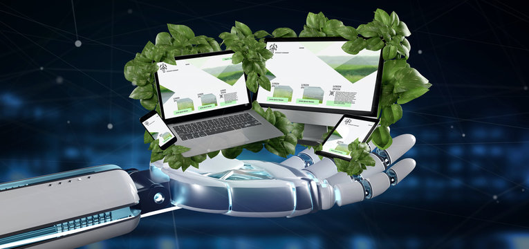 Cyborg holding a Connected devices surrounding by leaves 3d rendering