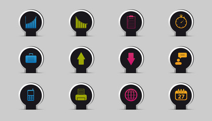 Business Icon Set - Sticker Or Pin Design With Shadow - Colorful Vector Illustration - Isolated On Gray Background