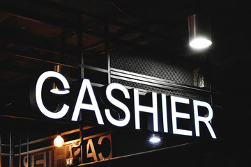 Cashier banner, white neon sign of cashier with light bulb