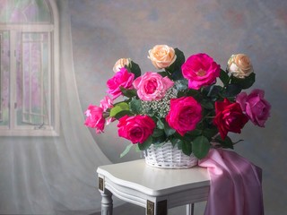 Still life with beautiful bouquet of garden roses