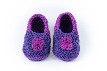 sweet baby booties, front view of purple homemade shoes on white background